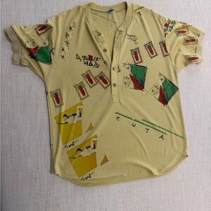 Vintage Graphic Polo Shirt in Beige with Yellow & Green Surf Print